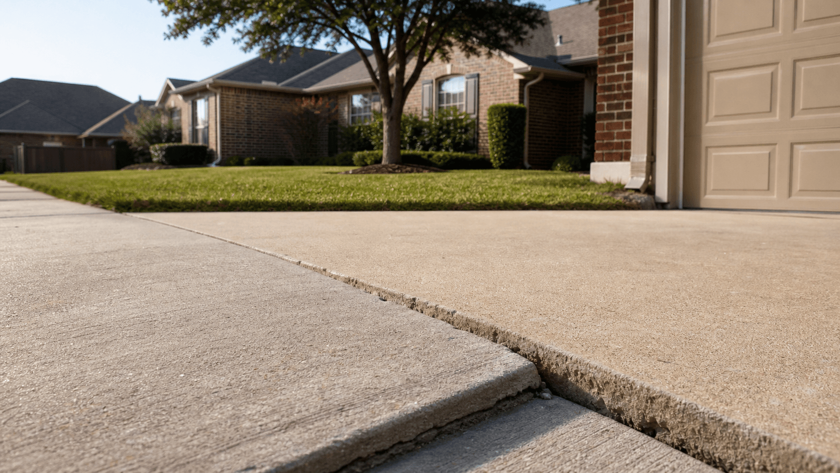 Concrete leveling and slab repair scene in Allen, TX — North Texas suburban driveway with characteristic Houston Black clay settlement