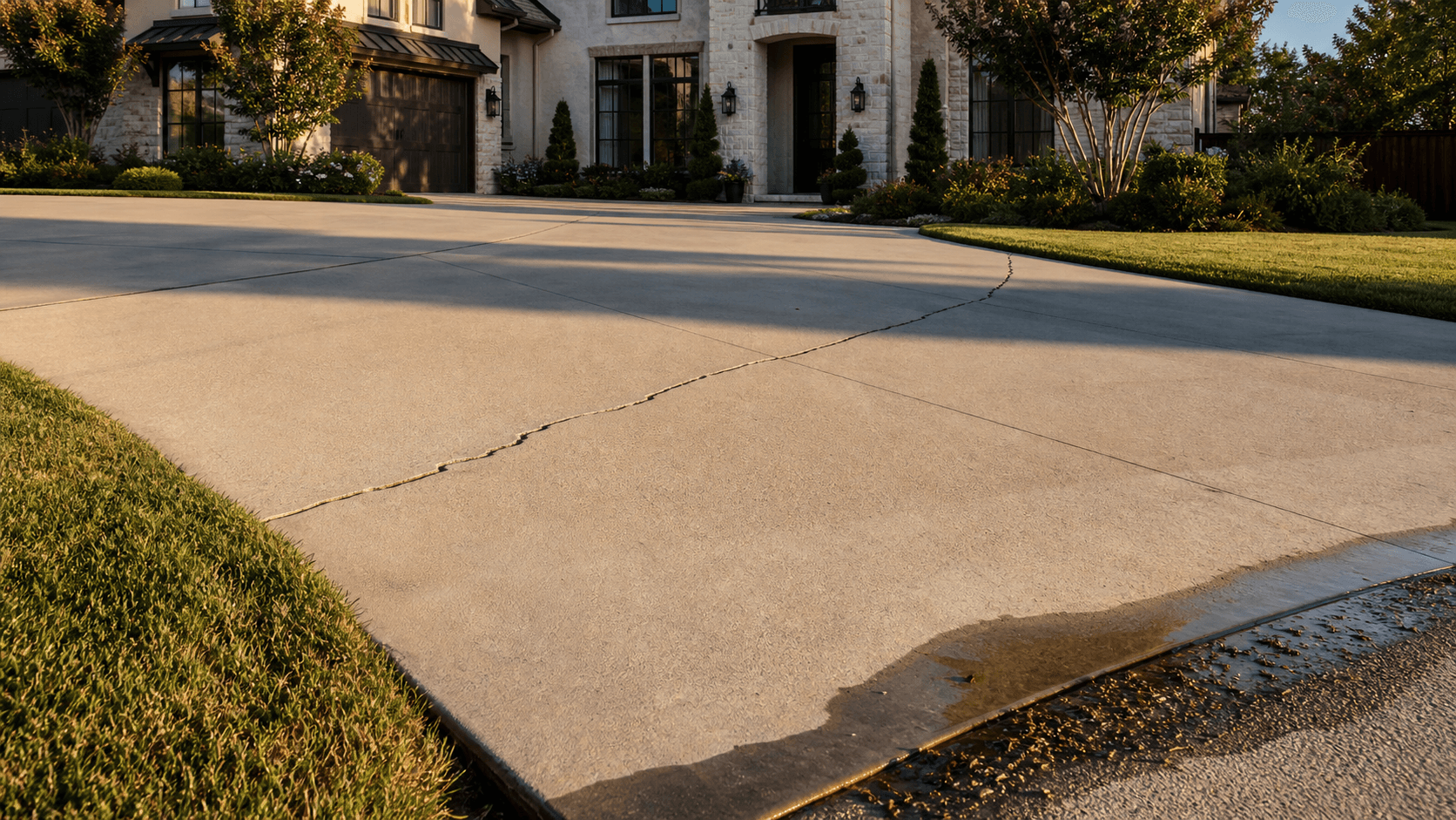 Concrete leveling and slab repair scene in Frisco, TX — North Texas suburban driveway with characteristic Houston Black clay settlement