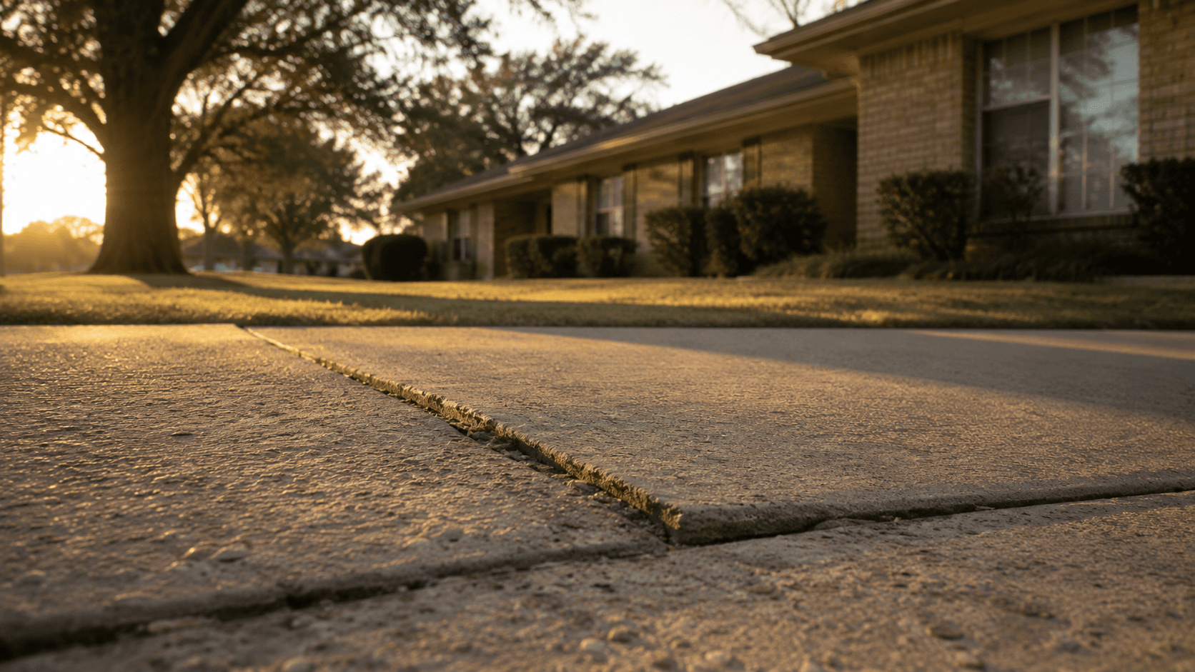 A North Texas suburban driveway at sunset showing characteristic Houston Black clay slab settlement