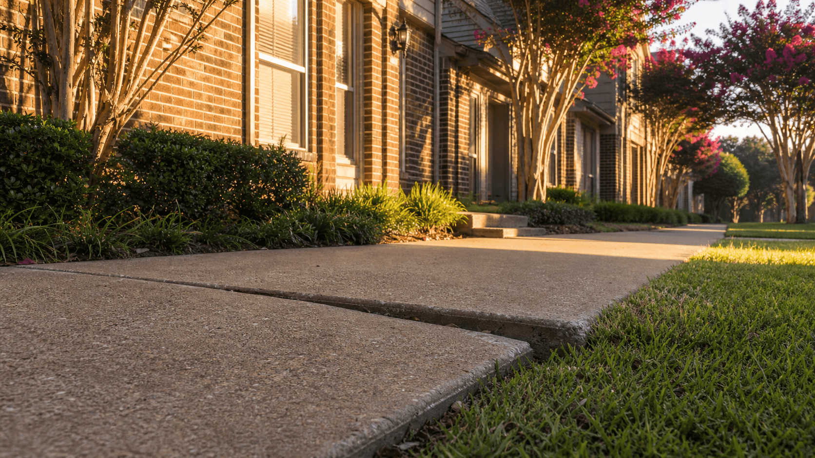Concrete leveling and slab repair scene in Plano, TX — North Texas suburban driveway with characteristic Houston Black clay settlement