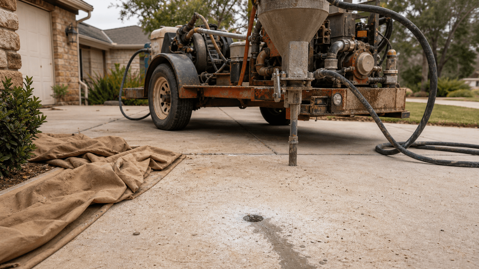 Mudjacking — concrete leveling work in progress on a North Texas residential slab