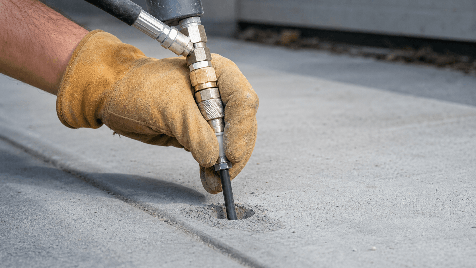 Polyjacking (Foam Injection) — concrete leveling work in progress on a North Texas residential slab