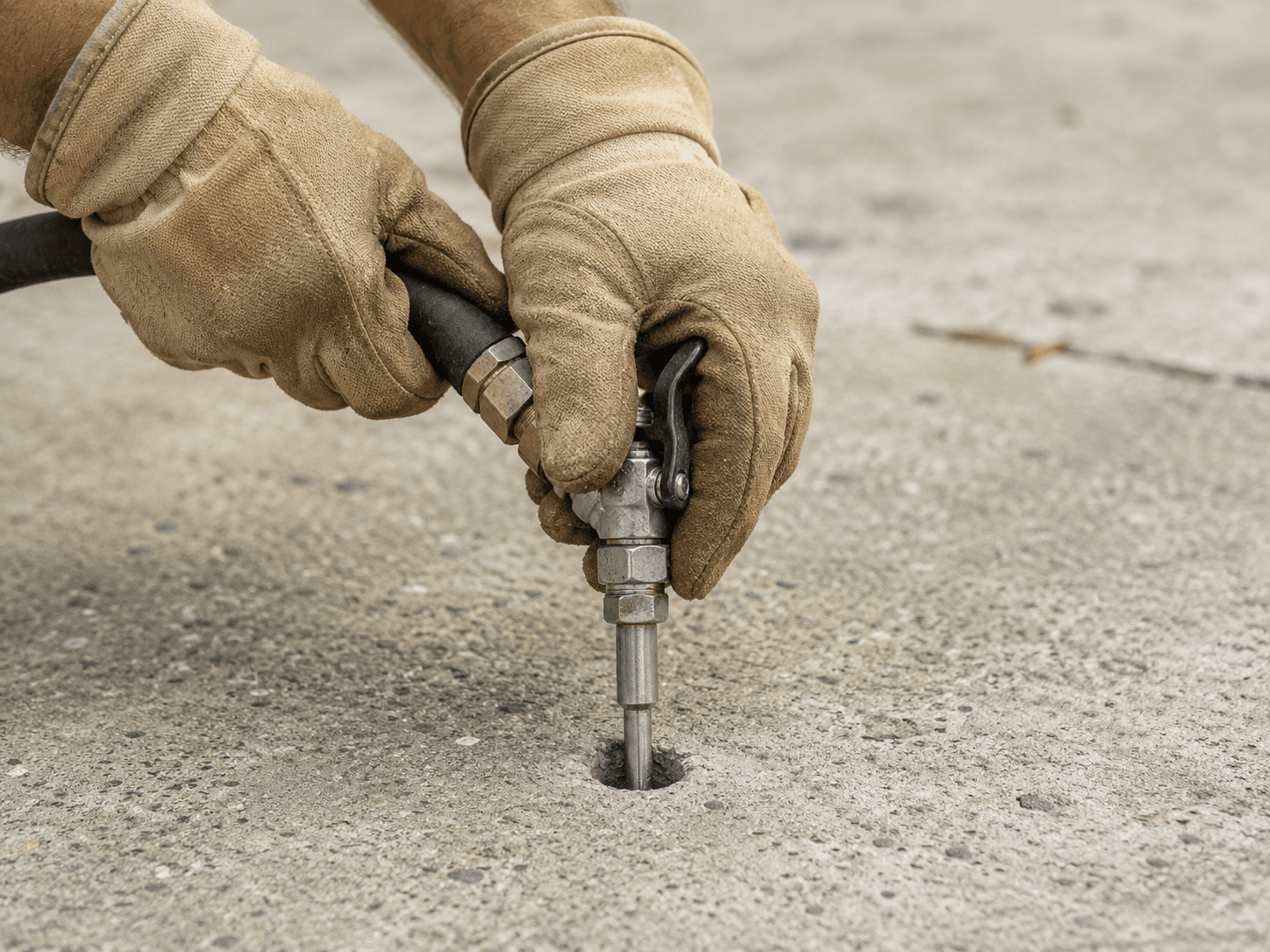 Polyurethane foam injection rig drilling a small port into a concrete slab — the lifting method used for clay-driven settlement