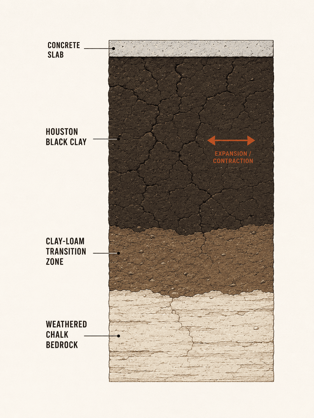 Cross-section of soil layers beneath a typical Allen concrete slab — concrete, Houston Black clay, clay-loam transition, weathered chalk bedrock
